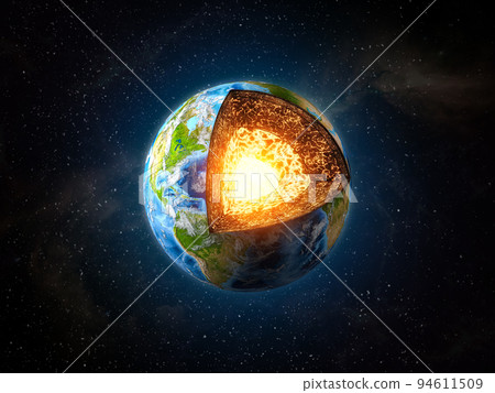 Earth core structure. Cross section of planet with visible layers on space backround.Elements of this image furnished by NASA. 94611509