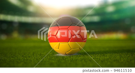 Football ball with flag of Germany on the field of football stadium and space for name of football clubs. Football championship of Germany concept. 94611510