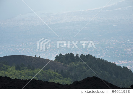 Scenic view of trees growing in forest and houses in townscape. Beautiful scenery seen from Mount Etna. Dramatic landscape with nature and human settlement by active volcanic crater. 94611928