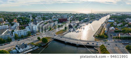Beautiful panoramic aerial view photo of Holy Trinity Cathedral, Concert hall Great Amber city center of Liepaja city in Latvia. 94611991