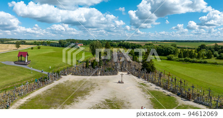 Aerial view of Hill of Crosses or KRYZIU KALNAS in Lithuania. It is a famous religious site of catholic pilgrimage in Lithuania 94612069
