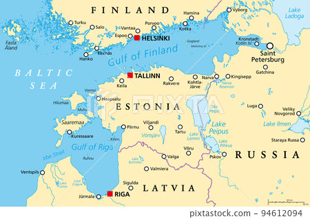 Gulf of Finland and Gulf of Riga region, political map. Nordic countries Finland, Estonia and Latvia with capitals Helsinki, Tallinn and Riga, and seaway from Baltic Sea to Saint Petersburg, Russia. 94612094