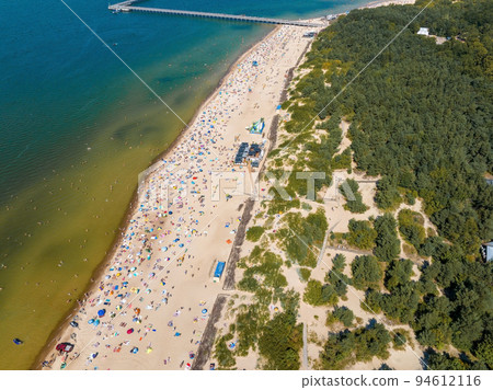 Aerial view of the beach and sea shore in Palanga, Lithuania. Beach town in Palanga. Aerial view of the beach and sea shore in Palanga, Lithuania. Beach town in Palanga. 94612116