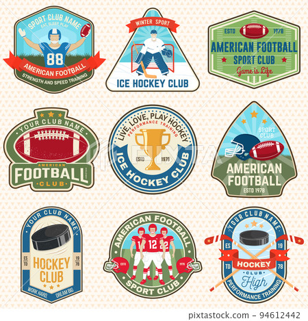 Ice Hockey and american football or rugby club logo, badge embroidered patch. Sport sticker pack with american football sportsman, ice hockey player, ball, sticker, puck and skates silhouette. Vector. Ice Hockey and american football or rugby club logo, badge embroidered patch. Sport sticker pack with american football sportsman, ice hockey player, ball, sticker, puck and skates silhouette. Vector. 94612442