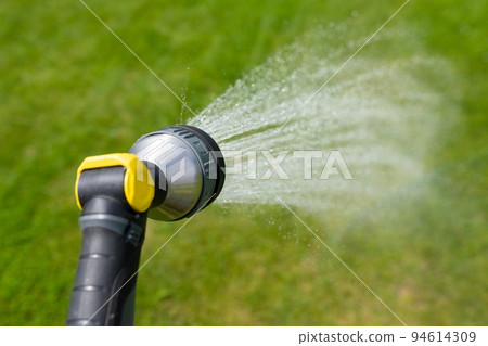 close-up garden hose watering the lawn close-up garden hose watering the lawn 94614309
