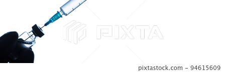 Doctor hand in gloves hold syringe and vaccine bottle on white background. Health and medical concept. Long banner Doctor hand in gloves hold syringe and vaccine bottle on white background. Health and medical concept. Long banner 94615609