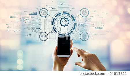 Future technology concept with hand pressing a smartphone Future technology concept with hand pressing a smartphone 94615821