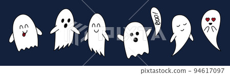 Halloween ghost doodle set. Cartoon cute characters . Hand drawn clipart, outline vector illustration isolated on dark blue background. Halloween ghost doodle set. Cartoon cute characters . Hand drawn clipart, outline vector illustration isolated on dark blue background. 94617097