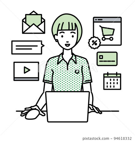 A woman in a polo shirt sitting at a desk and doing an online shop or marketing job on a PC 94618332
