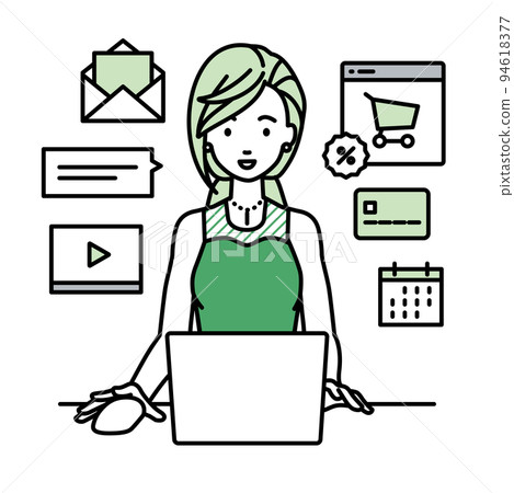 A woman in a dress sitting at a desk and doing an online shop or marketing job on a PC A woman in a dress sitting at a desk and doing an online shop or marketing job on a PC 94618377