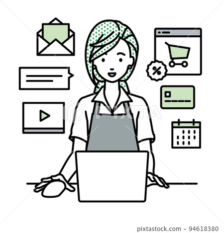 A female cafe clerk sitting at a desk and doing an online shop or marketing job on a PC A female cafe clerk sitting at a desk and doing an online shop or marketing job on a PC 94618380