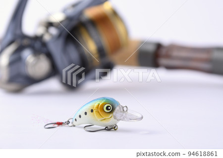 白色背景中的誘餌、旋轉捲軸、山溪釣竿釣魚設備 94618861