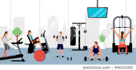 Horizontal banner illustration / training/fitness motif (people training at the gym) Horizontal banner illustration / training/fitness motif (people training at the gym) 94620260