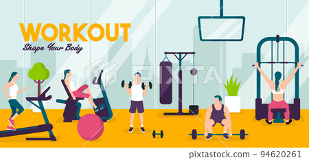 Horizontal banner illustration / training/fitness motif (people training at the gym) Horizontal banner illustration / training/fitness motif (people training at the gym) 94620261