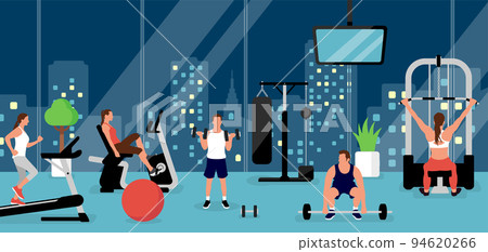 Horizontal banner illustration / training / fitness motif (people training at the gym) / night Horizontal banner illustration / training / fitness motif (people training at the gym) / night 94620266