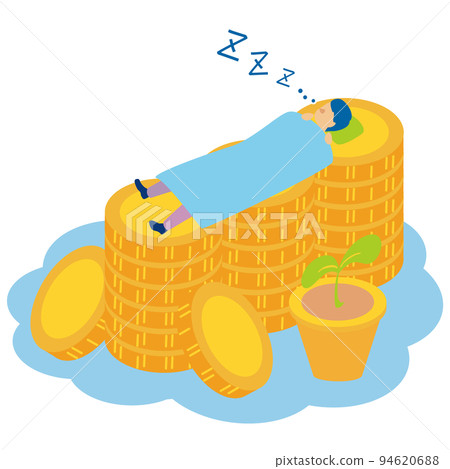 A man sleeping on a coin that represents the market price even if he rests 94620688