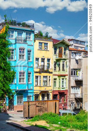 Traditional colorful old houses in Balat district, on a summer, Istanbul, Turkey 94620849