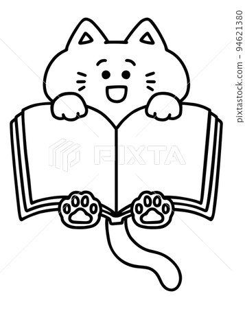 打開書本、筆記本、帶記事本的貓、字符空間、標題框/線條圖、單色 94621380