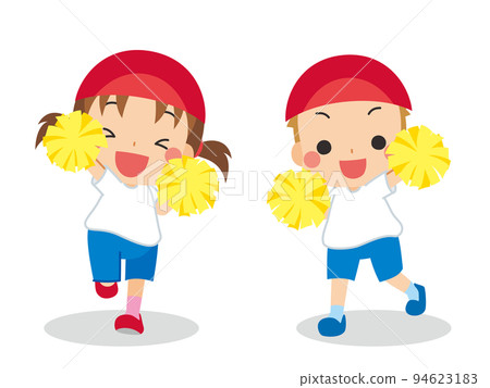 Illustration of a cute girl and boy cheering each other in gym clothes with pom-poms White background Full-body People Sports day 94623183