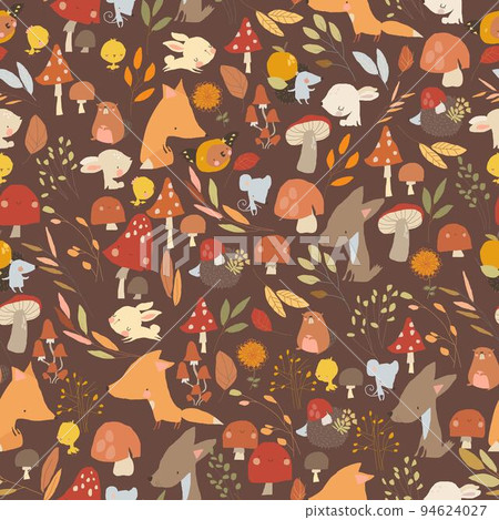 Seamless Autumn Pattern with Cartoon Animals, Leaves and Mushrooms 94624027