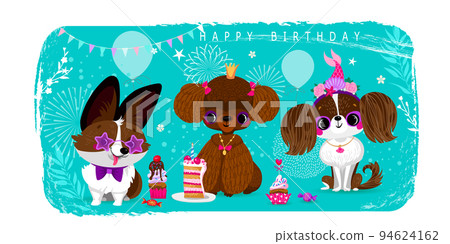 Cute puppies on birthday party. Vector greeting card design Cute puppies on birthday party. Vector greeting card design 94624162