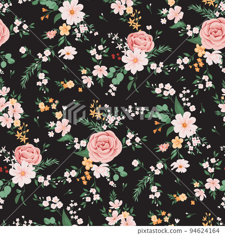 Contemporary floral print with small garden flowers on field for digital background and textile in millefleur style ,ornate vector template Contemporary floral print with small garden flowers on field for digital background and textile in millefleur style ,ornate vector template 94624164