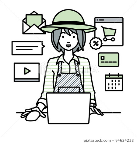 A farmer woman sitting at a desk and doing an online shop or marketing job on a PC A farmer woman sitting at a desk and doing an online shop or marketing job on a PC 94624238