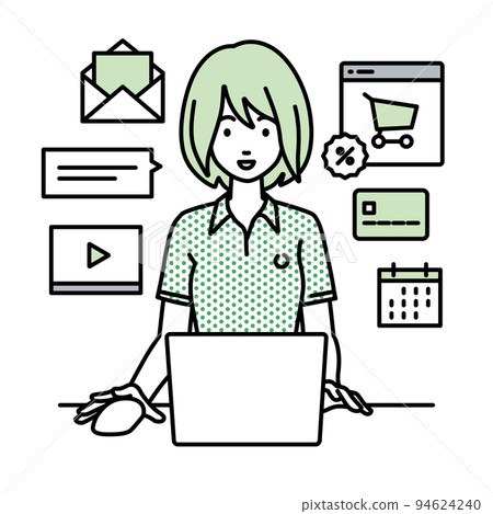 A remote work woman sitting at a desk and doing an online shop or marketing job on a PC A remote work woman sitting at a desk and doing an online shop or marketing job on a PC 94624240