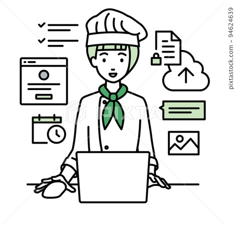 A cook woman sitting at her desk and doing the job of managing projects and tasks on her PC 94624639