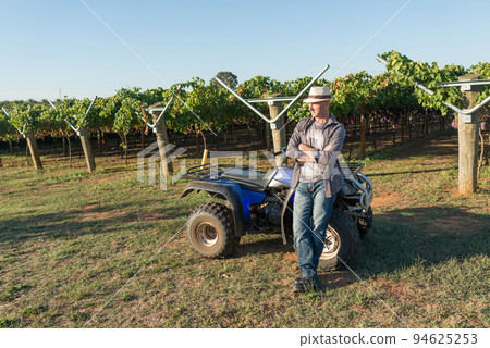 Winemaker in straw hat standing near quad bike Winemaker in straw hat standing near quad bike 94625253