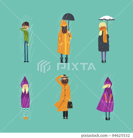 Frozen people standing in heavy rain and cold wind set vector illustration Frozen people standing in heavy rain and cold wind set vector illustration 94625532