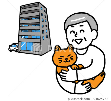 A smiling senior man holding a pet-friendly property apartment / condominium and a cat (simple) 94625758