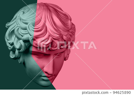 Antique sculpture of human face in artificial intelligence pop art style. Modern creative concept image with ancient statue head. Contemporary neural network art poster. Funky punk collage design. 94625890