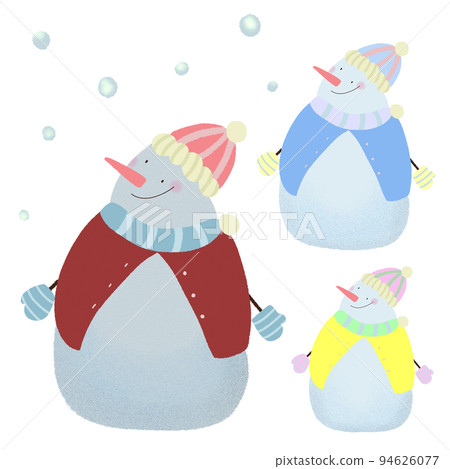 Three smiling snowmen standing on a snowy day Three smiling snowmen standing on a snowy day 94626077
