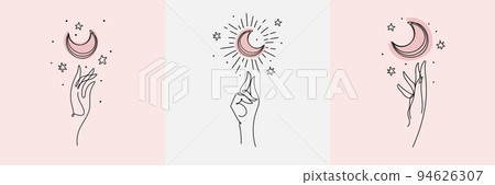 Outline sketch, set of female icons for cosmetics, astrology, tarot, female hand and magic crescent, vector mystical boho illustration. Background for design, cute cover. 94626307