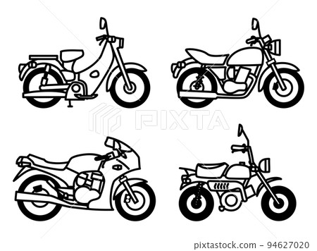 Set of 4 illustrations of motorcycles in white color scheme Set of 4 illustrations of motorcycles in white color scheme 94627020
