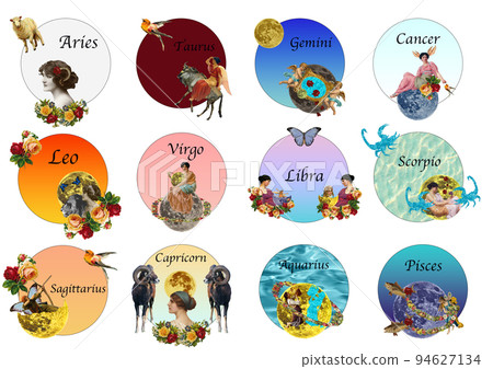 12 constellation icon vintage collage 94627134