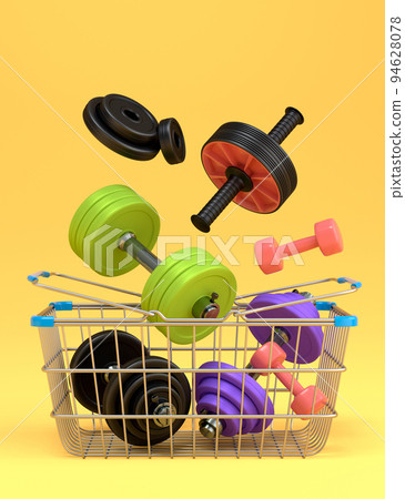 Sport equipment for fitness, gym, crossfit in shopping basket on yellow background. 3d render of power lifting and fitness concept Sport equipment for fitness, gym, crossfit in shopping basket on yellow background. 3d render of power lifting and fitness concept 94628078