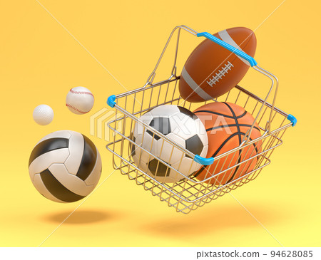 Set of ball like basketball, american football and golf in shopping basket on yellow background. 3d rendering of sport accessories for team playing games Set of ball like basketball, american football and golf in shopping basket on yellow background. 3d rendering of sport accessories for team playing games 94628085