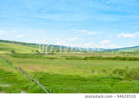 Green meadows of the Trans-Baikal Territory in Russia against a blue sky with clouds. 94628520