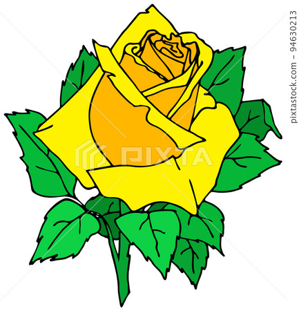 drawing rose branch with yellow flower and leaves, isolated element, design 94630213