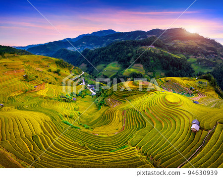 Aerial view of Rice terraces at Mam xoi viewpoint in Mu cang chai, Vietnam. Aerial view of Rice terraces at Mam xoi viewpoint in Mu cang chai, Vietnam. 94630939