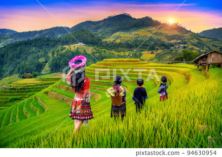 Hmong ethnic minority standing on rice terraces in Mu Cang Chai, Yen Bai, Vietnam. 94630954