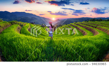 Hmong ethnic minority women standing on rice terraces in Mu Cang Chai, Yen Bai, Vietnam. Hmong ethnic minority women standing on rice terraces in Mu Cang Chai, Yen Bai, Vietnam. 94630965
