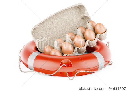 Eggs in an egg carton inside lifebuoy, 3D rendering Eggs in an egg carton inside lifebuoy, 3D rendering 94631207