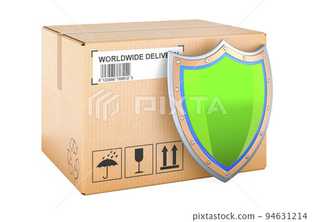 Parcel with shield. Safety delivery concept, 3D rendering Parcel with shield. Safety delivery concept, 3D rendering 94631214