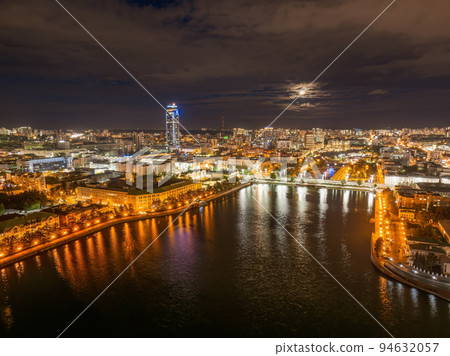 Embankment of the central pond and Plotinka in Yekaterinburg at summer or early autumn night. The historic center of the city of Yekaterinburg, Russia, Aerial View 94632057