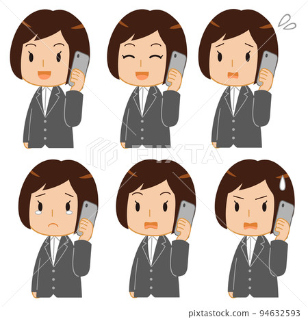 Facial expression set 1 of a woman in a suit making a call 94632593