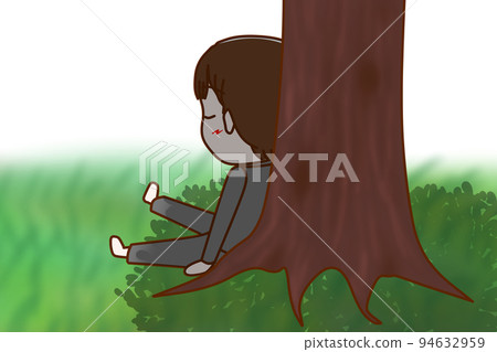 (Whole body obliquely behind) A male student sitting comfortably in the shade of a tree and resting with his eyes closed (Whole body obliquely behind) A male student sitting comfortably in the shade of a tree and resting with his eyes closed 94632959
