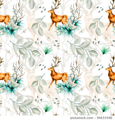 Winter plants and deer watercolor seamless pattern isolated on white. 94633496